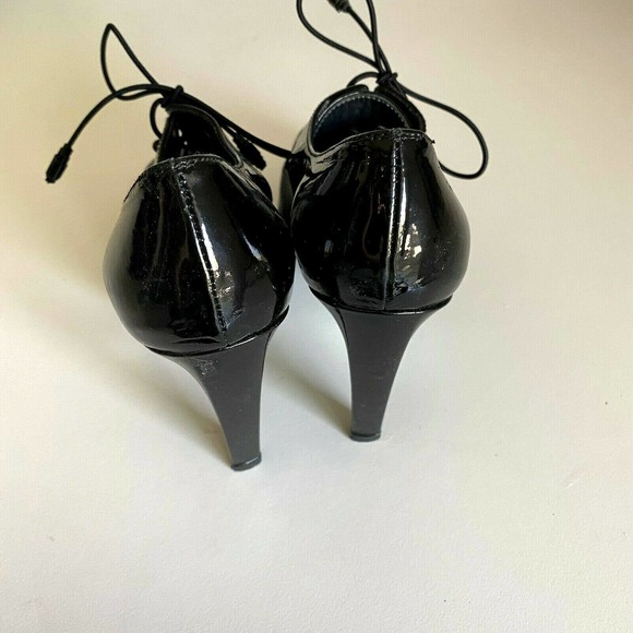 Stuart Weitzman Lace Up Pump Bootie Black Patent Leather Satin Cut Out P… - Picture 5 of 8
